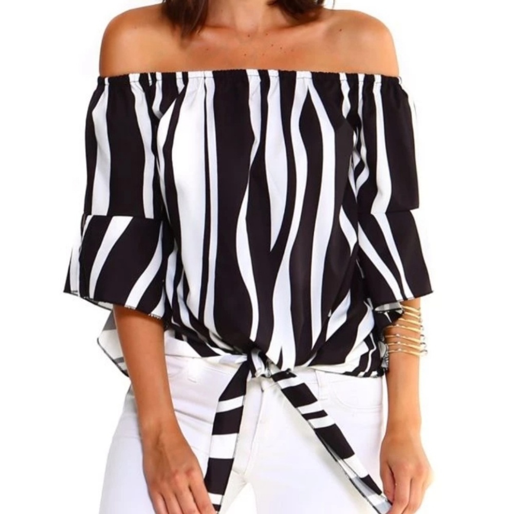 Marcelle Margaux Off The Shoulder Striped Blouse Top Women's Large L NWT